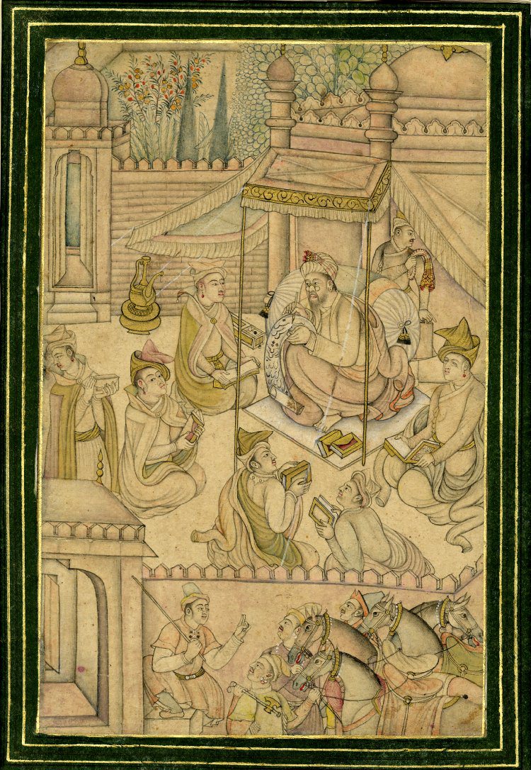 Depiction of a scene in a school. An instructor is shown seated beneath a canopy writing on a scroll surrounded by his pupils