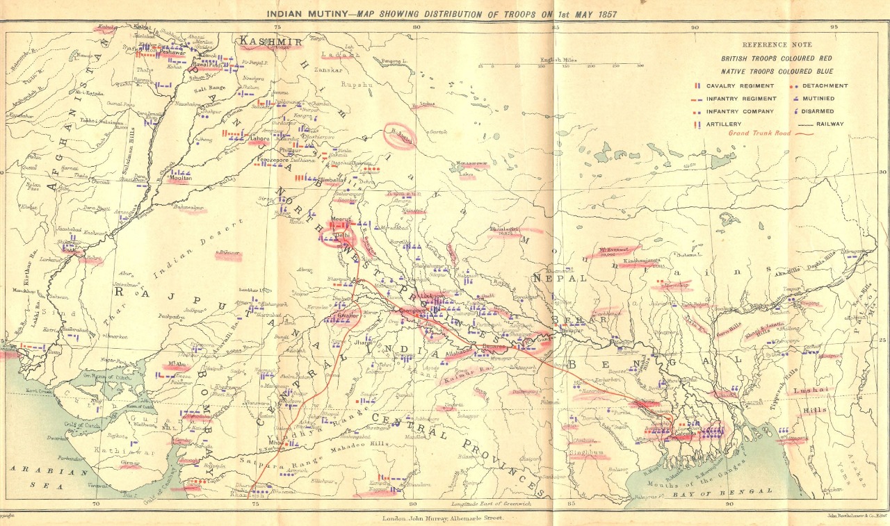 Indian Mutiny Map Showing Position of Troops on 1st May 1857