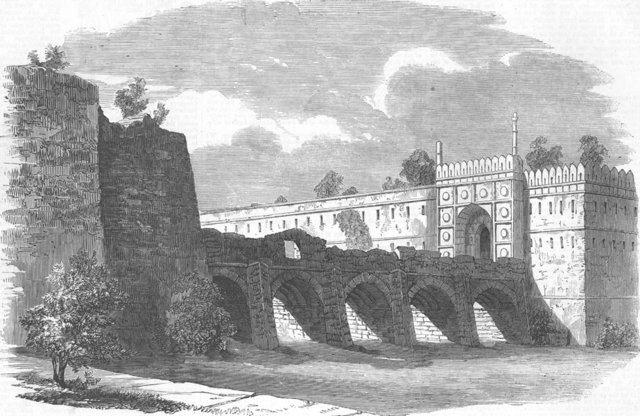 INDIA. MUTINY. BRIDGE, DELHI NR MOGUL'S PALACE, ANTIQUE PRINT, 1857