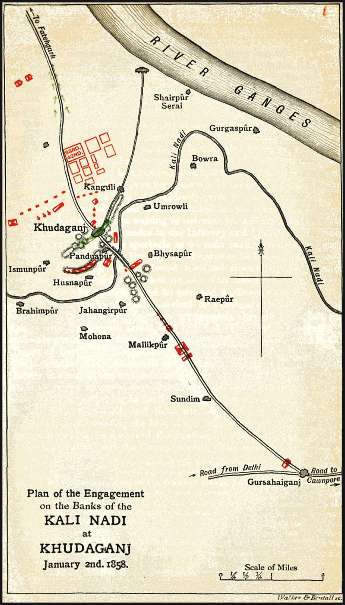 ANTIQUE COLOUR MAP BATTLE PLAN KALI NADI KHUDAGANJ INDIAN MUTINY 1858