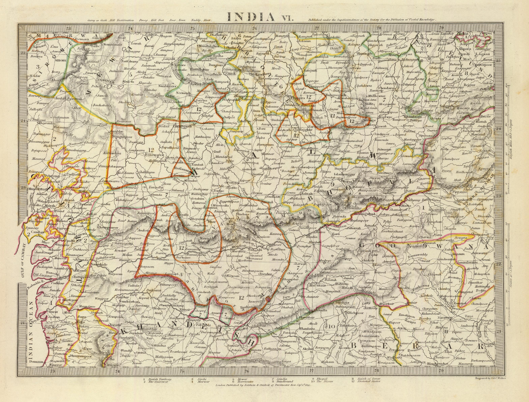 India VI. Engraved by J. & C. Walker. Published Under the Superintendence of the Society for the Diffusion of Useful Knowledge. London, Published By Baldwin & Cradock, 47 Paternoster Row Sepr. 1st. 1833. (London: Chapman & Hall, 1844)