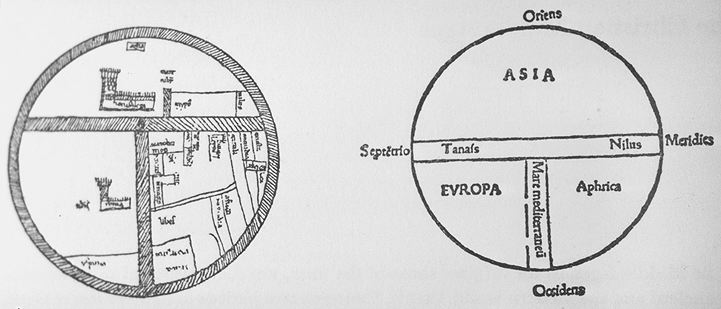 T-O maps, 12th century Sallust manuscript + copy from Zacharias' Orbis brevarium,1493