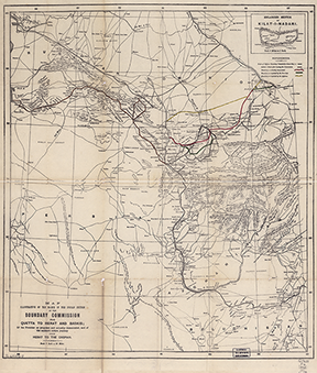 Map illustrative of the march of the Indian section of the Boundary Commission from Quetta to Olerat and Badkis; of the frontier as proposed and actually demarcated, and of the author's return journey from Herat to the Caspian.
